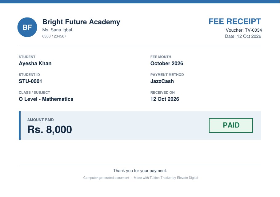 Sample fee receipt PDF showing student, month, payment method and amount paid