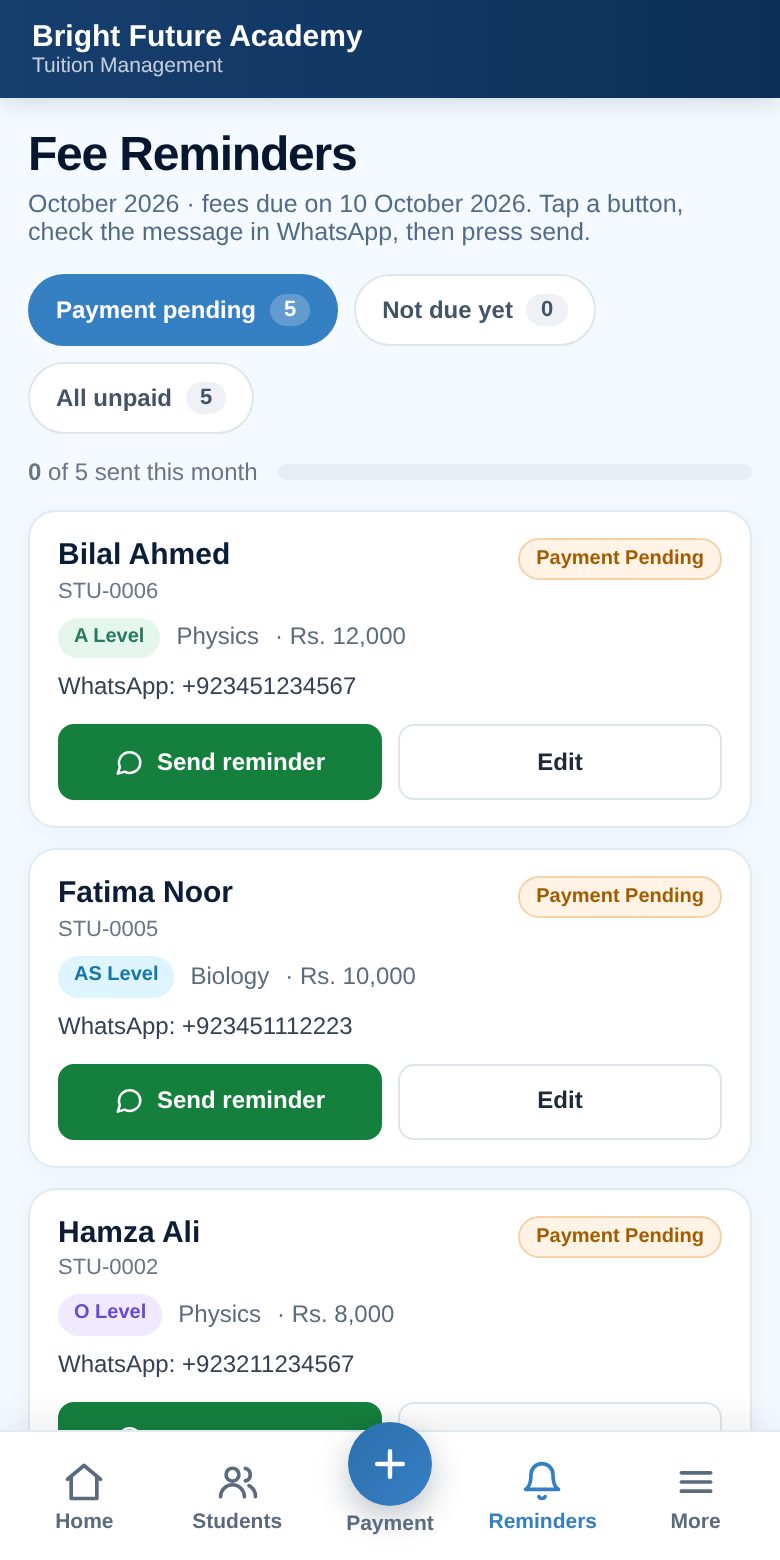 Fee Reminders screen listing students who have not paid, each with a Send reminder button